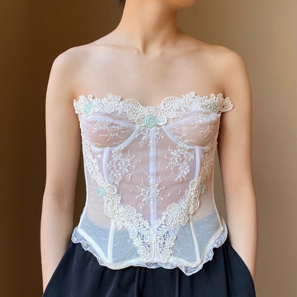 Victoria's Secret vintage cream lace corset w dainty pink blue floral size 36